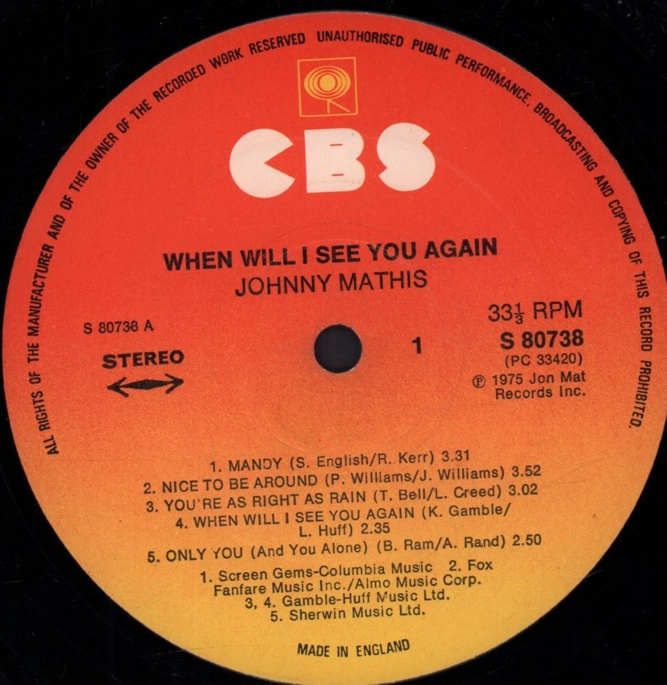 Johnny Mathis Quand Vais-Je Te Revoir Encore LP Vinyle UK CBS 1975 S80738 - Photo 3/3