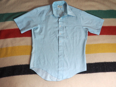 VTG 70s K-Mart Perm Press Polycotton Sky Blue Grunge Distress Button Shirt Men L