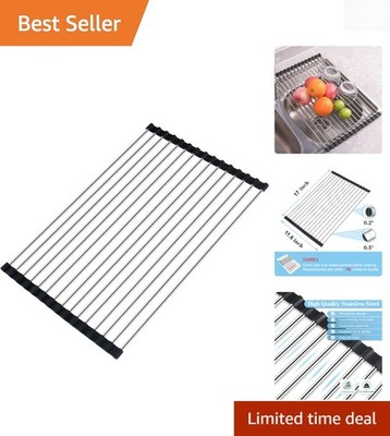 Elegant Black Stainless Steel Roll-Up Dish Drying Rack 17'' x 11.8'' Over Sink