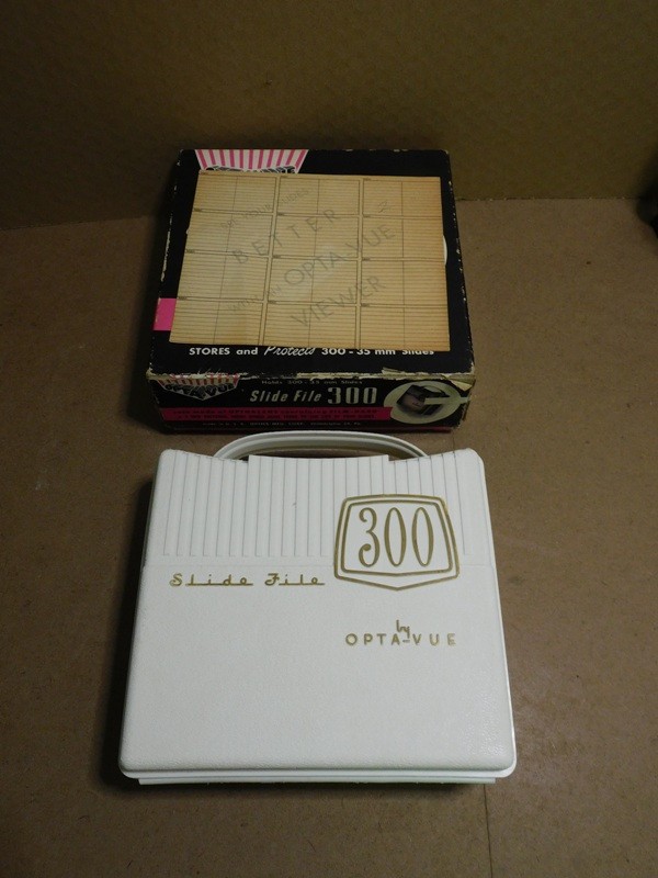 OPTA VUE SLIDE FILE 300 WITH 200 1950's 35mm RED BORDER PHOTO SLIDES