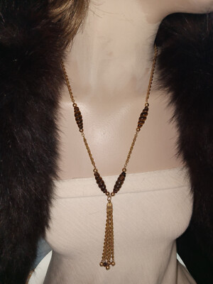 VINTAGE 1/20 12K Y/GOLD FILLED ROPE& TIGER EYE BEAD W/TASSEL NECKLACE  22''