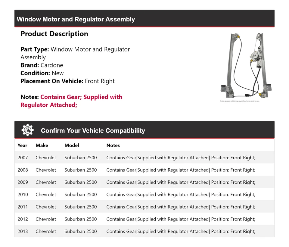 Motor/regulador de ventana Cardone 2008 2009 para Chevrolet Suburban 2500 2007-2013 Foto 2 de 4