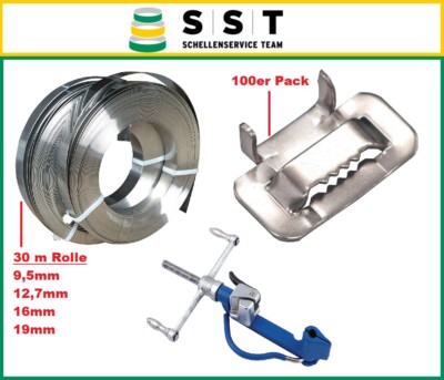 SST Endlosband Edelstahl V2A 9,5 12,7 16 19mm / Spannbandverschluss / Werkzeug
