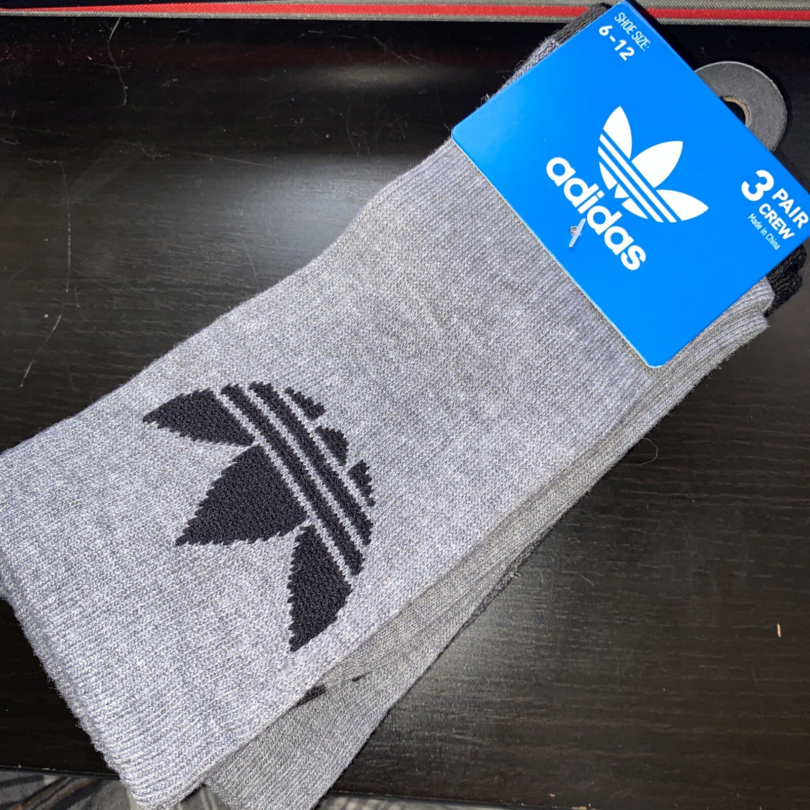 Adidas Crew Socks 3 Pair Men 6-12 Black Gray Trefoil Logo 3 Moisture Wick-image