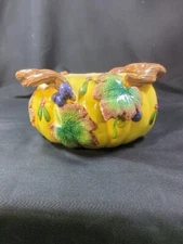 Fitz and Floyd Pumpkin Basket Bowl Handles Grape Leaves Berries Fall Decor 1993