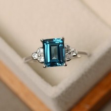 Natural Blue Topaz Ring 925 Sterling Silver Emerald Cut Gemstone Women Ring
