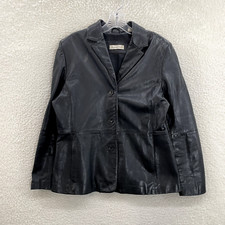 90s Y2K Vintage Black Leather Jacket Large XL 14 Womens Patent Lined Button Up