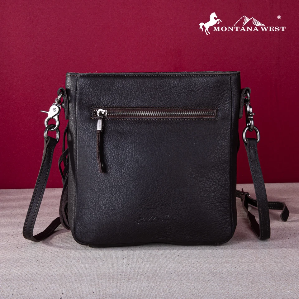 Montana West Genuine Leather Tooled Silver Turquoise Concho Fringe Crossbody CF - Image 2 of 4