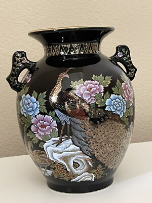 Black Vase With Peacock And Flowers, Made In Japan | eBay