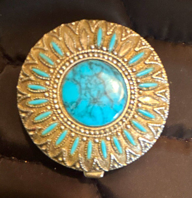 Vintage Max Factor Compact  Dancing Sun  Faux Turquoise .25oz