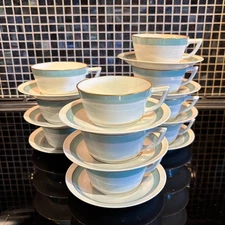 Royal Copenhagen Pattern 882 , 10 Sets cups and saucer MCM Aqua Gold Take a look