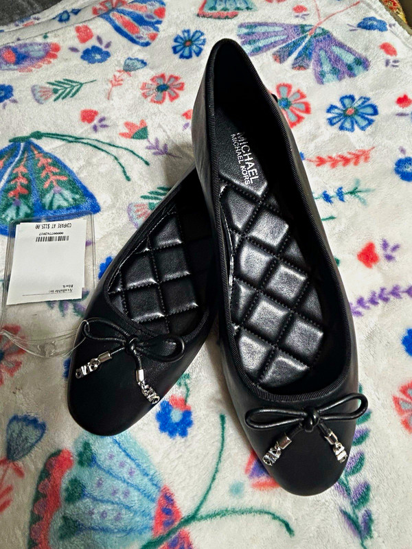 Michael Kors Black Leather Ballet Flats Bow Logo Cushioned Slip-On US 6M