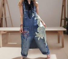 Vtg Denim Urban Chic Street Artistic Floral  Wide Leg  Edgy Crop Dungarees   14