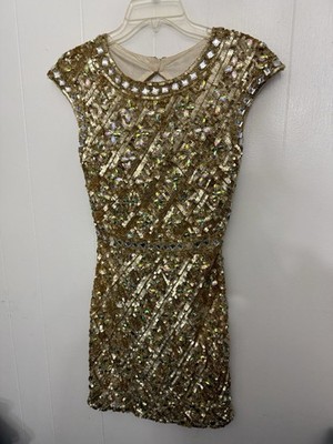 Primavera Gold Beaded Sequin Mini Dress Vegas Glam Party Cocktail 2 Prom Formal