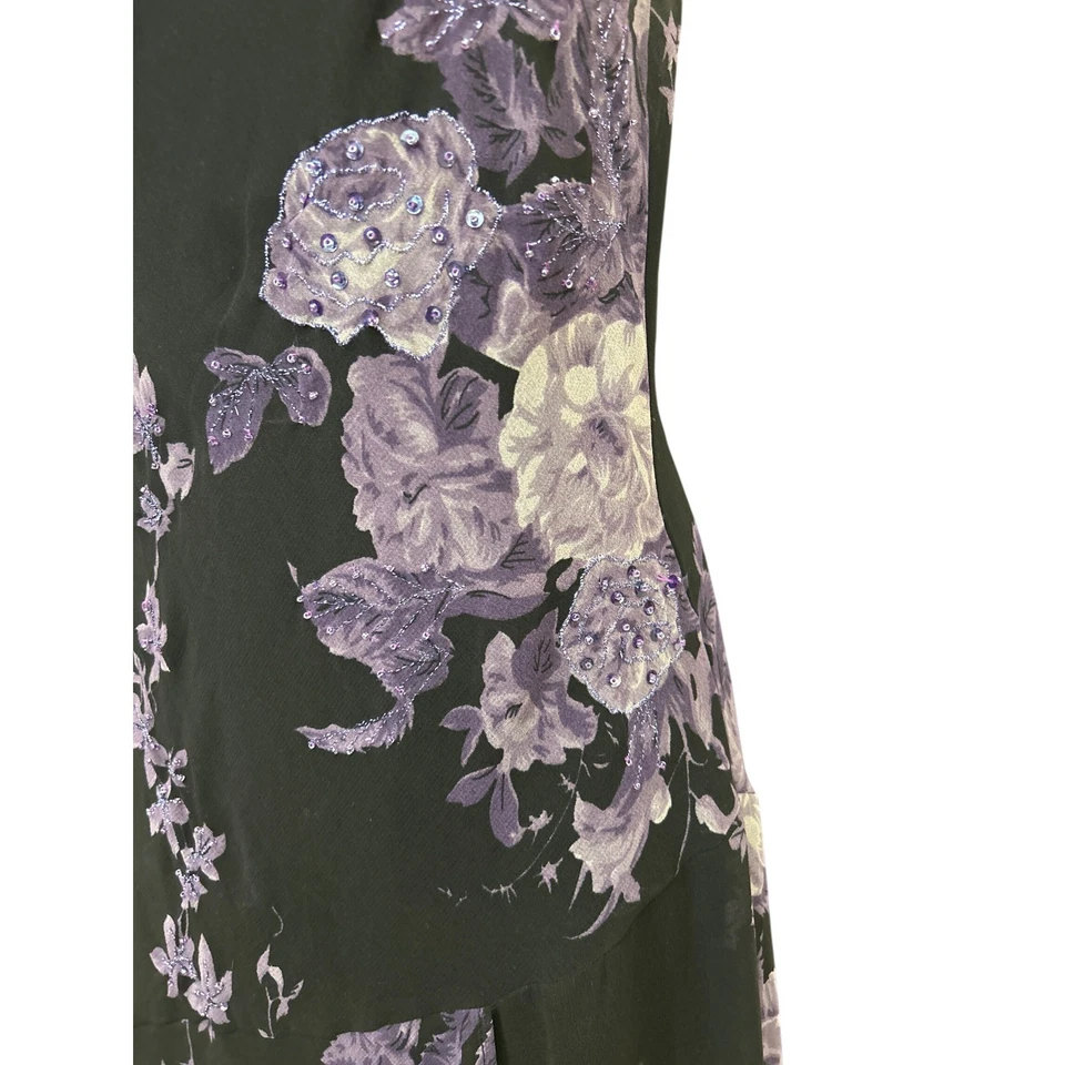 Vestido midi Y2K Dressbarn romántico floral con cuentas pañuelo dobladillo caprichoso talla L Foto 3 de 4