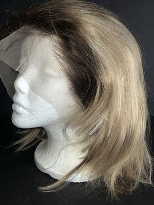 NEW Full Shine Human Hair Lace Wig Blond Rooted Medium Length 14 Inch