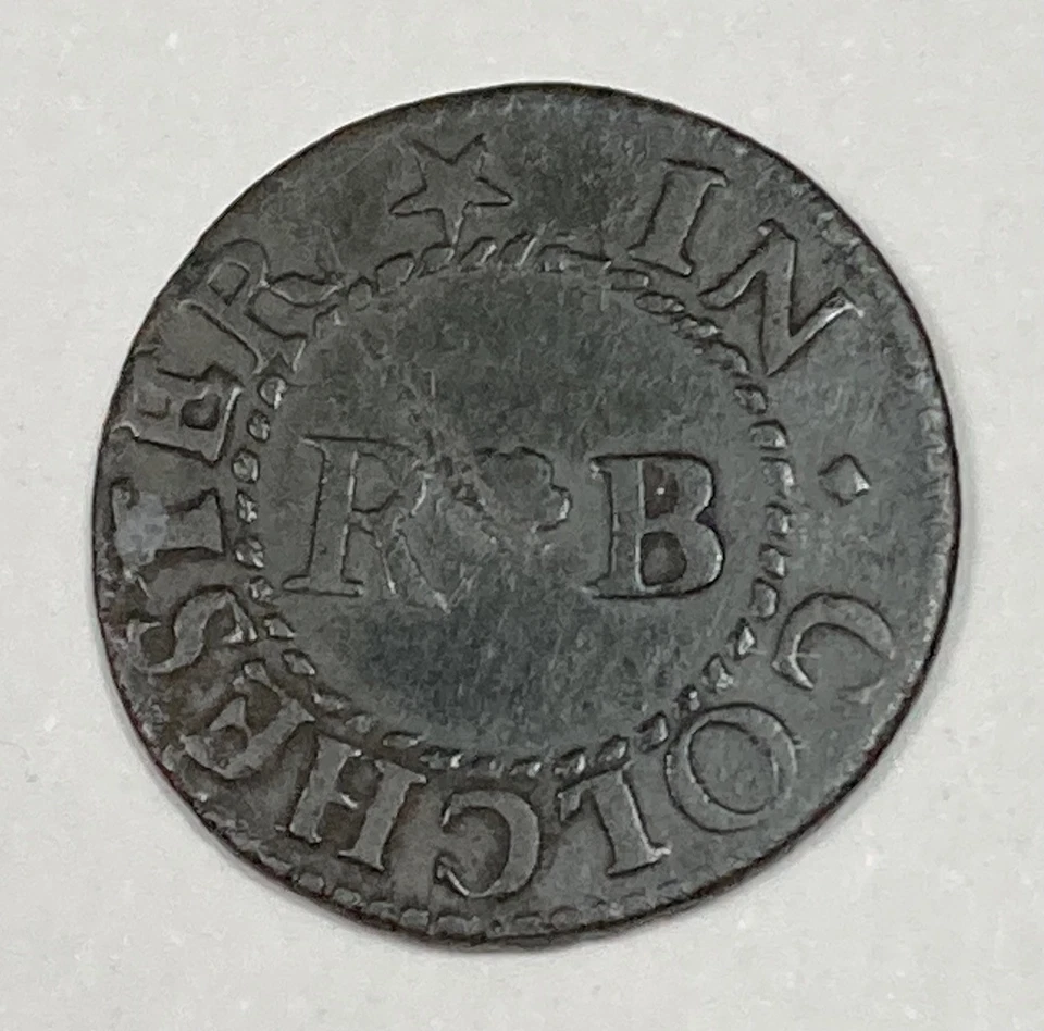 Rare Essex COLCHESTER hammered FARTHING token RICHARD BUSH vase of flowers W# 99 - Image 4 of 4