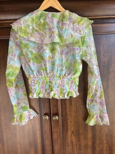 Vintage Y2K Fairy Top S Floral Pastel Crop Blouse Sheer Long Sleeve Boho Cottage - Picture 2 of 8