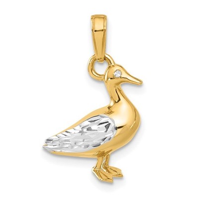 14k Gelbgold und weißes Rhodium Diamantschliff 3-D Ente Anhänger L-0,92 Zoll
