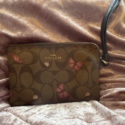 Coach Brown Signature Logo Butterfly Zip Wristlet Wallet Credit