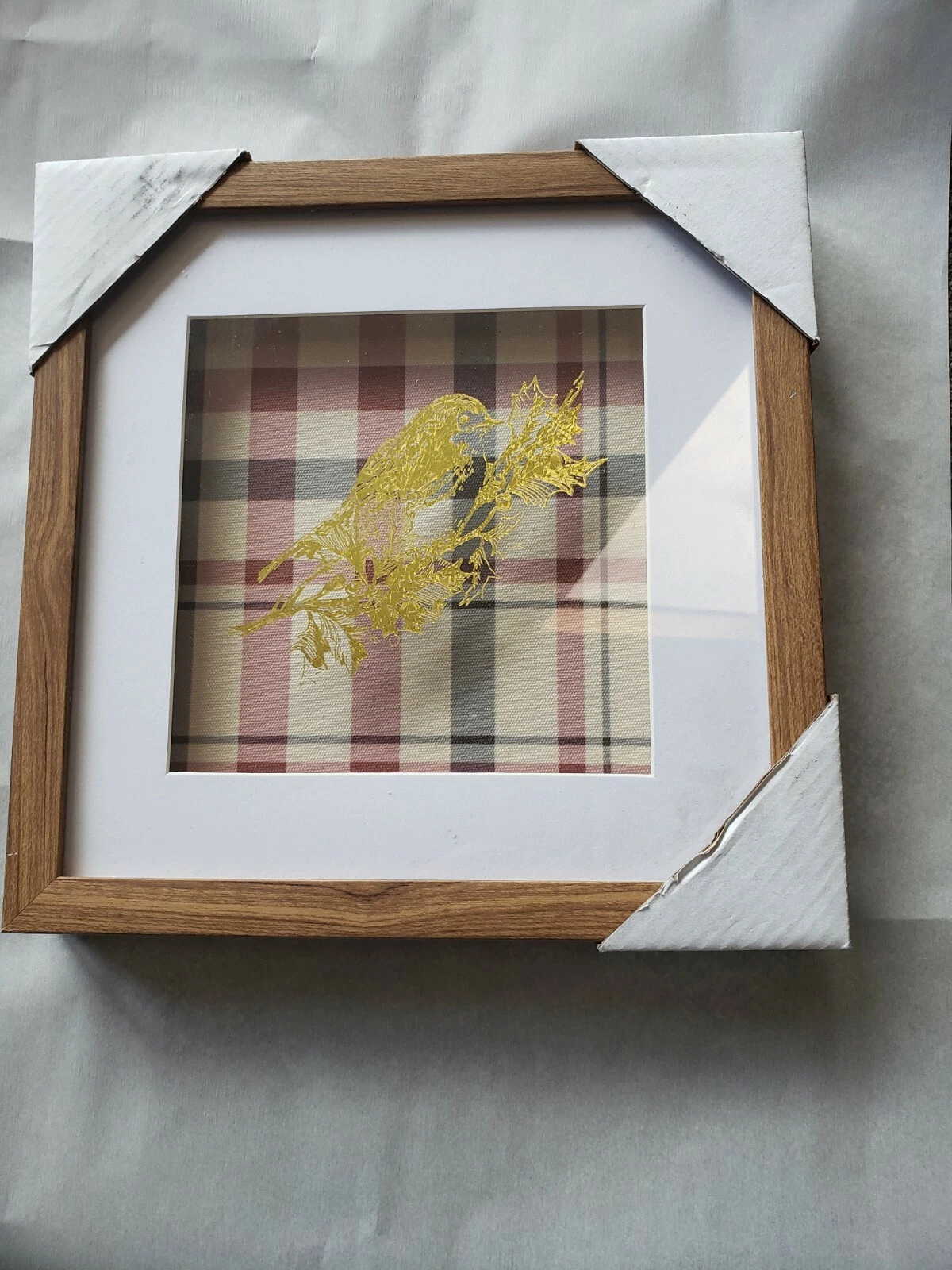 Threshold Wall Decor Metallic Foil Art Bird on Glass Red Plaid Faux Wood Frame