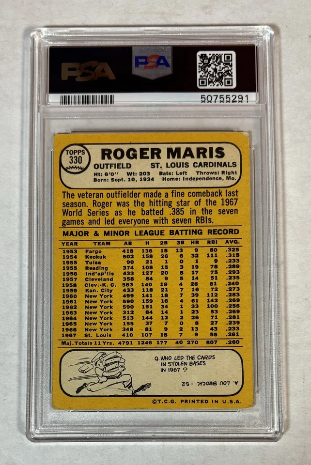 1968 Topps ROGER MARIS PSA MT 9 SIGNED AUTO LAST Topps Baseball Card #33 CARDS - Image 2 of 2
