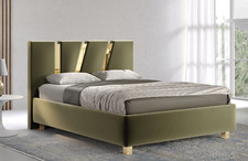 LETTO MATRIMONIALE BOX CONTENITORE PROFILI IN ACCIAIO ARG./ORO TESSUTO/ECOPELLE^