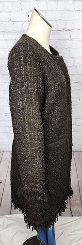 Vertigo Paris Tweed Boucle Jacket Coat Fringe Brown Silver Thread Quiet Luxury M - Picture 5 of 23
