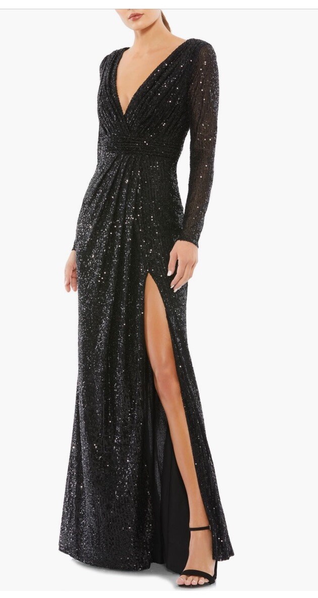 Mac Duggal Black Long Sleeve Sequin Dress Maxi Size 4