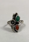 Vintage Signed Native American Sterling Silver Turquoise and Coral Ring Size 5.5
