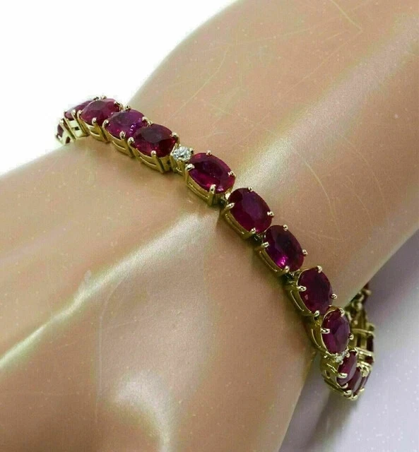 Brazalete tenis mujer rubí rosa creado en laboratorio corte ovalado de 8 quilates chapado en oro amarillo de 14 quilates 7" Foto 2 de 3