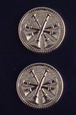 4 Bugles Crossed POLISHED SILVER 1'' Discs Collar Pins rank insignia Fire Dept FD