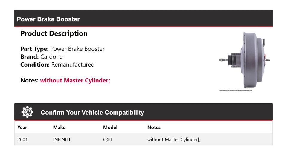 Para Infiniti QX4 2001 Power Brake Booster Cardone Foto 2 de 4