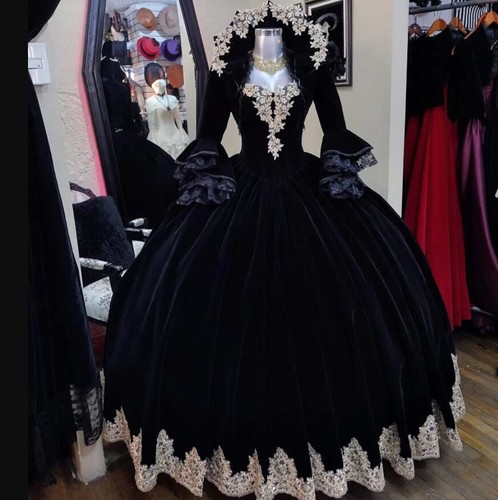 Black Velvet Quinceanera Dresses Flared Sleeves Sweet 15 16 Gothic Ball Gowns - Picture 4 of 7