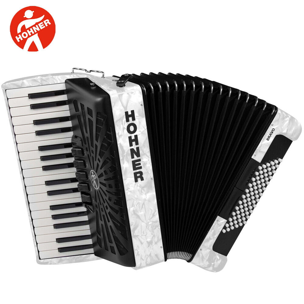 Hohner Piano Accordion BR72WH Bravo III 72, Pearl White With Gig Bag &  Straps