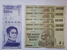 Set 5 Zimbabwe Foreign BUNDLE MONEY BANKNOTES CURRENCY 500K + Free Note 500K
