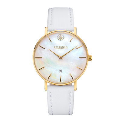 Moyen Damenuhr Gold Perlmutt Lederarmband Weiß Saphirglas ATM