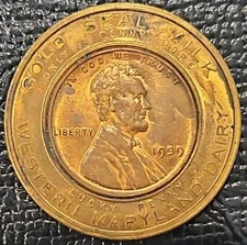 1939 GOLD SEAL MILK WESTERN MARYLAND DAIRY ENCASED 1939 WHEAT CENT COIN TOKEN 