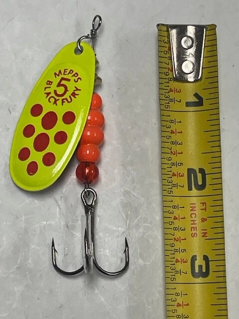 Mepps BlackFury #5 1/2 oz Plain Treble hook- Orange body with Chatreuse blade - Image 3 of 4