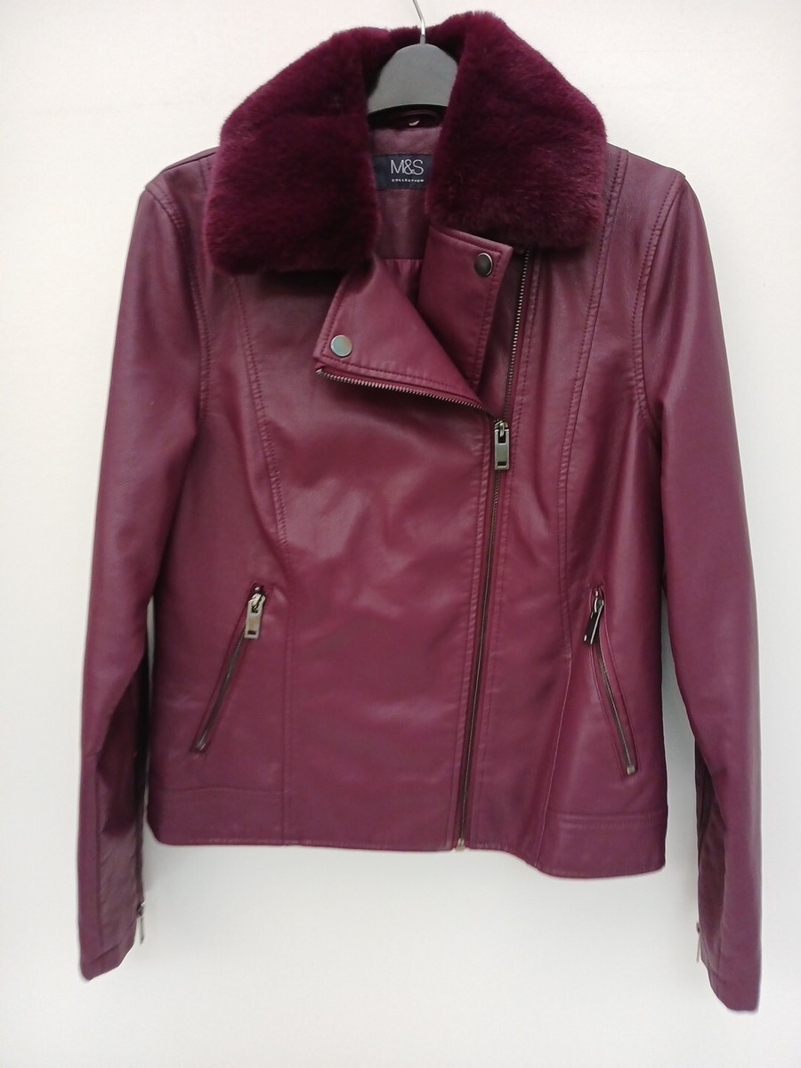 M&S size 10 faux leather Jacket Plum Red Removable Fur Collar Zip Cuffs P2P 