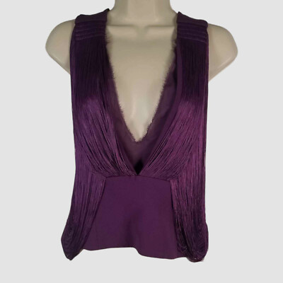 Tom Ford Women Purple Raw V-Neck Cold-Shoulder Draped Fringe Blouse Top Size 36