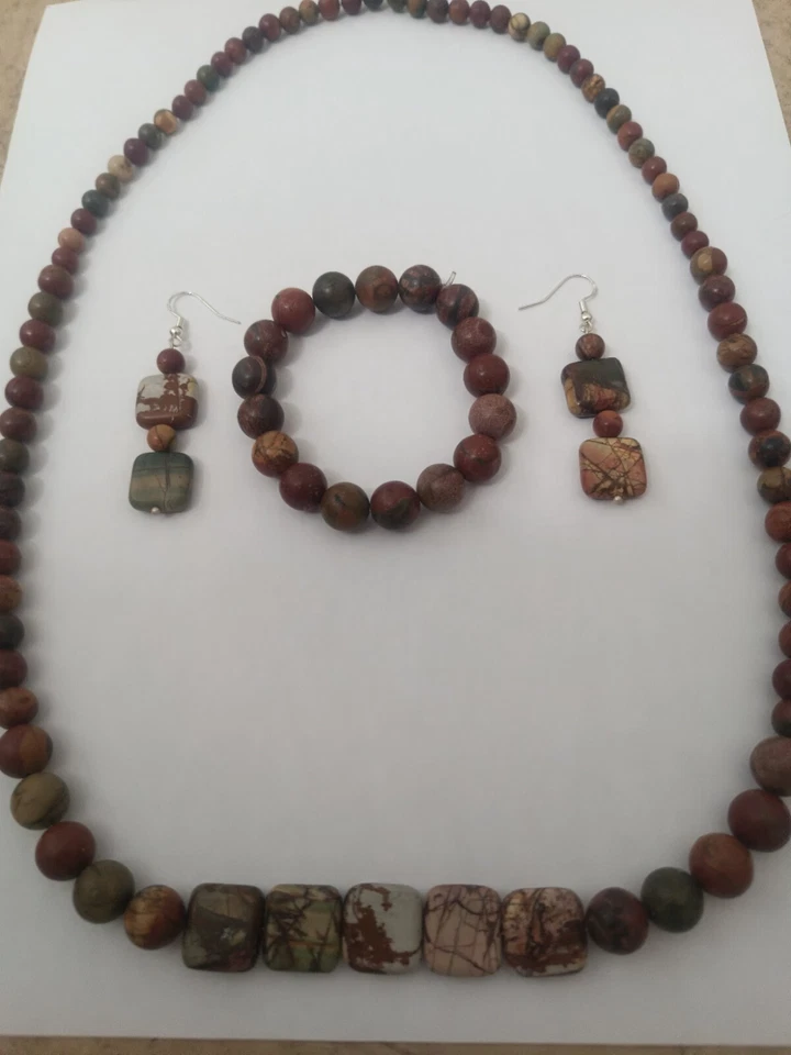 Exótico y Único Picasso Jaspe Collar Pulsera Y Pendientes Conjunto Con... Foto 3 de 4