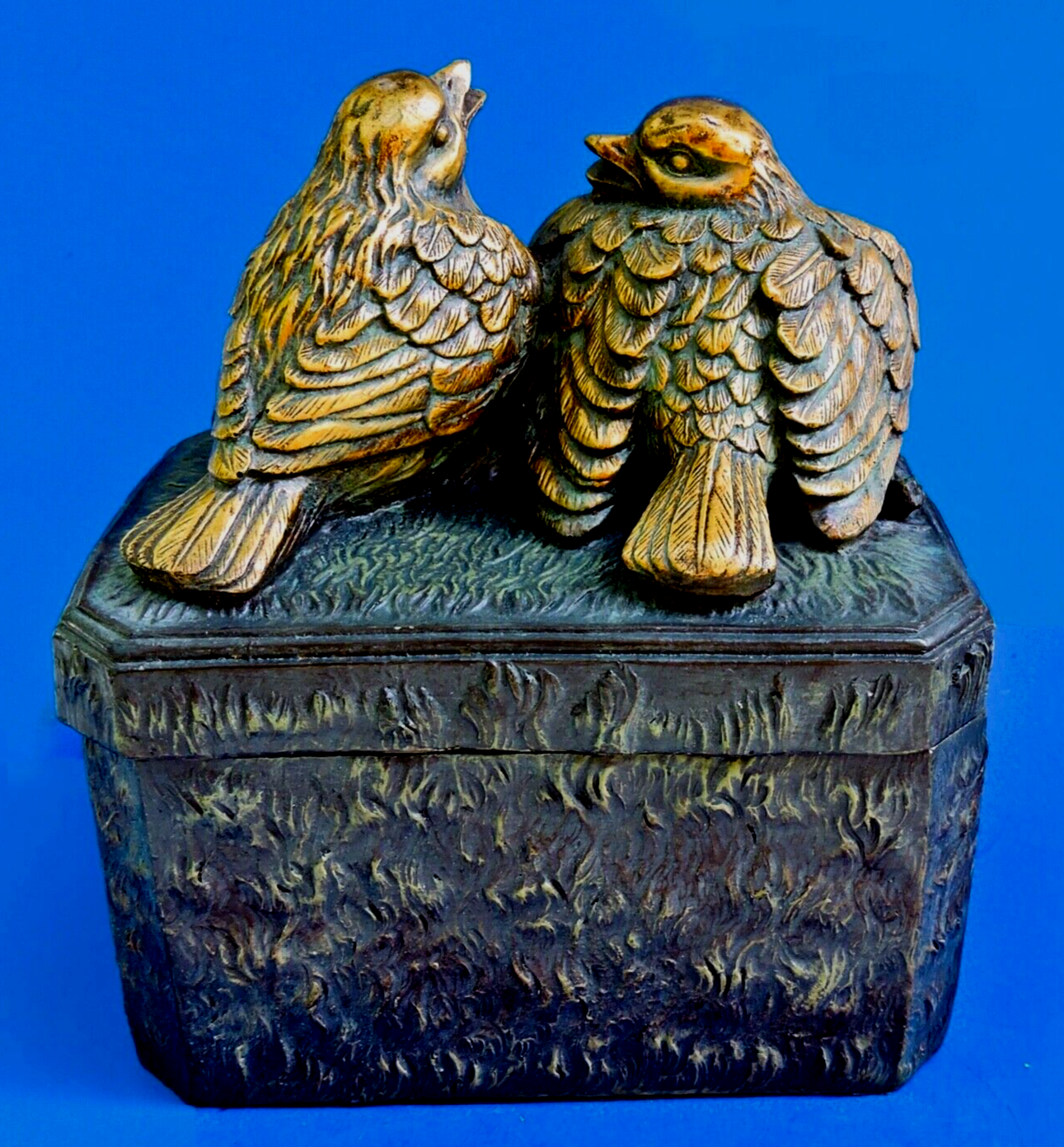 Vintage Brass Look Jewelry Box with 2 Resin English Sparrows on Lid-image