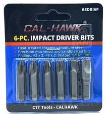 6 pc Impact Driver Bits Phillips #2 #3 Slotted Flat 3/8" 5/16" Hex Shank Hammer