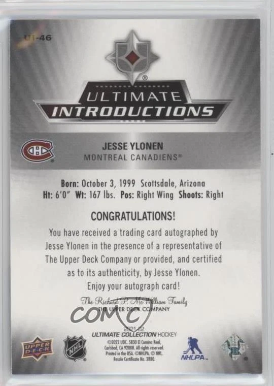 2022 Ultimate Collection 2021-22 Update Introductions Jesse Ylonen #UI-46 Auto - Image 2 of 2