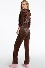 JUICY COUTURE Velour Tracksuit Set Size Large Logo Hoodie/Pants Brown Sugar NWT