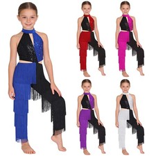 US Kids Girls Sequins Fringed Dance Jumpsuits Latin Dance Costume Competition