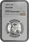 1949 D 50C BU Silver Franklin Half Dollar NGC Graded MS 64 FBL White Coin