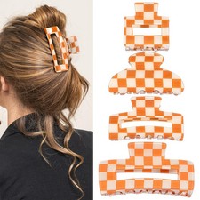 4 PCS Checkered Hair Claw Clips NonSlip Jaw Orange White Square Accessories
