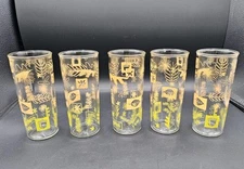 Hazel Atlas Leaf Fern Acorn Glasses Lot of 5 Highball Tumblers MCM Vtg Barware
